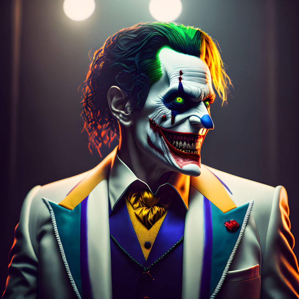 Vibrant Joker portrait with green hair and colorful suit