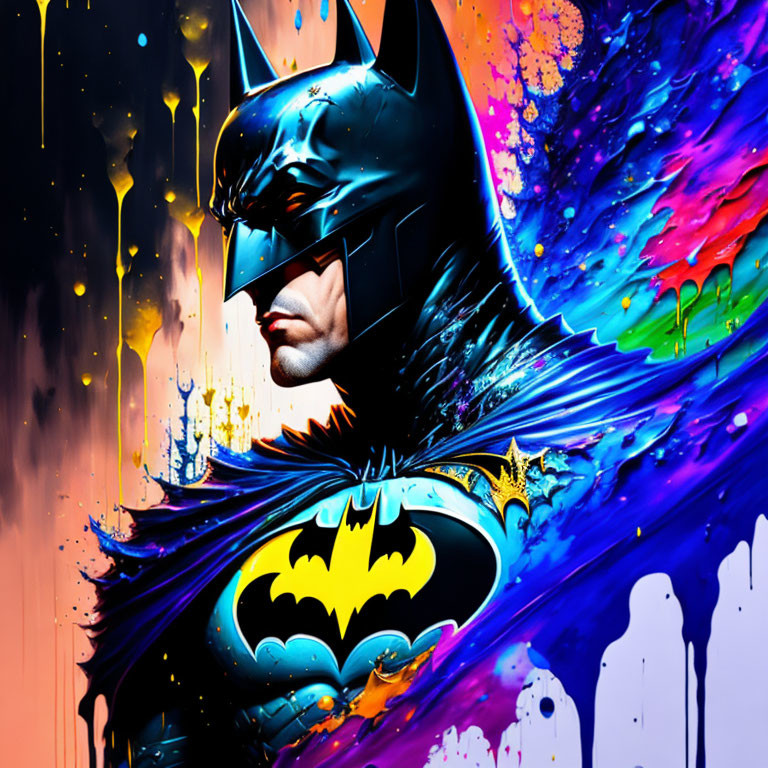 Colorful Batman Artwork with Splattered Paint Background