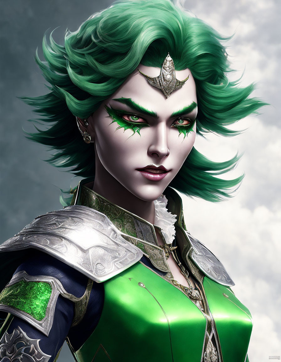 Female digital artwork with emerald green hair, green eyes, and pointed ears in green/silver armor