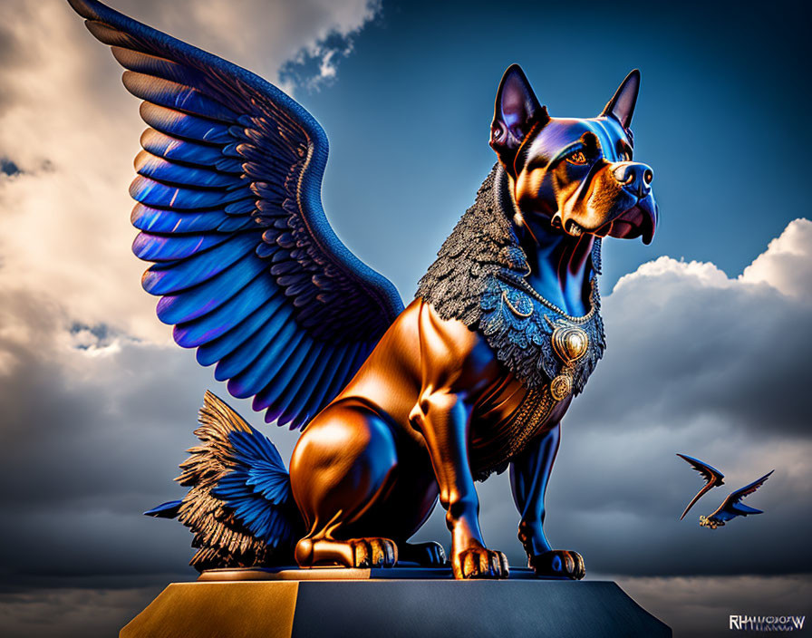 Digital art: Winged Doberman Pinscher above clouds with flying bird