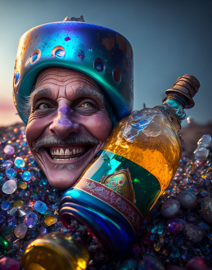 Person in space helmet with potion bottle among colorful gems