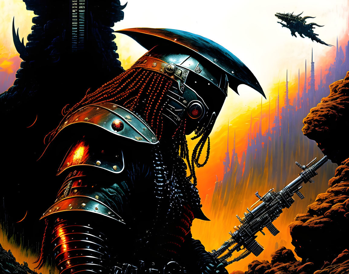 Futuristic warrior in black armor against fiery backdrop