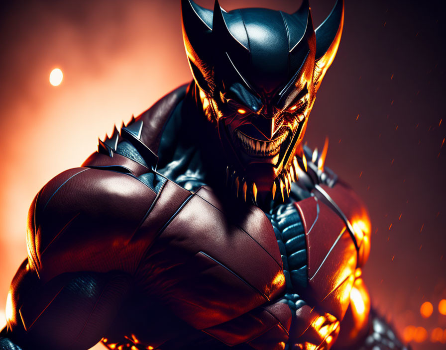 Menacing figure in black and red costume with sharp claws and glowing eyes