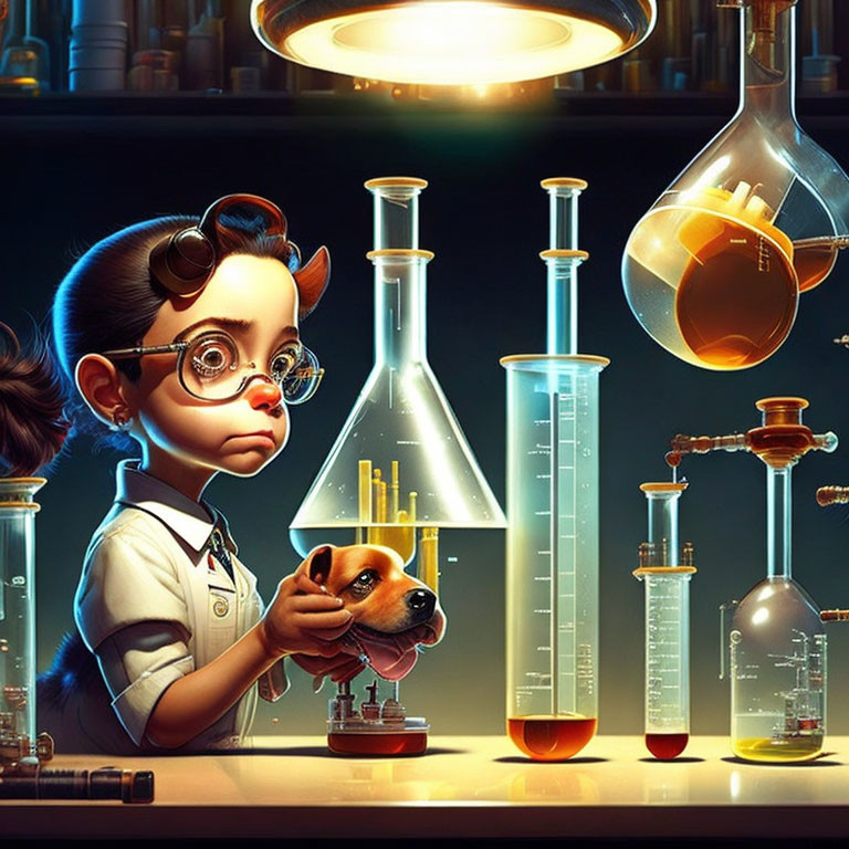 Young scientist with beagle puppy in colorful lab setting