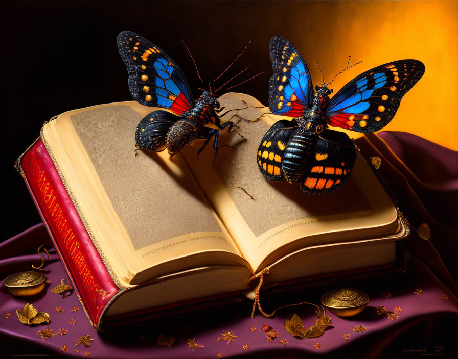 Vividly colored butterflies on open book with gold-tinted pages, purple cloth, coins,