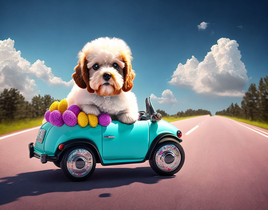 Fluffy dog in vintage car with colorful balls on open road