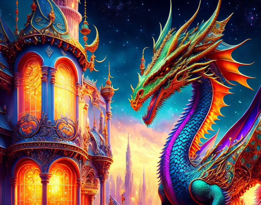 Fantasy scene with ornate castle and majestic dragon