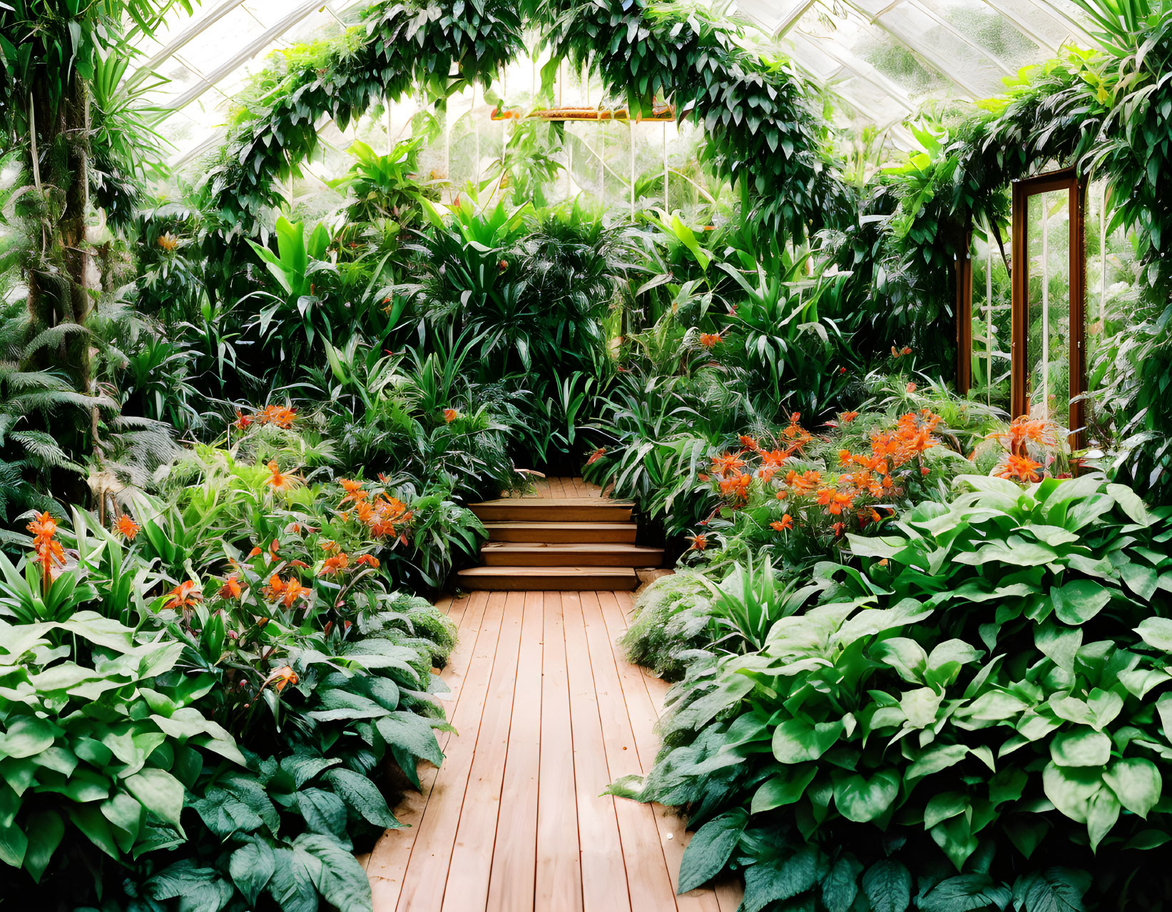 Greenhouse interior with wooden walkway and vibrant green plants and orange flowers.