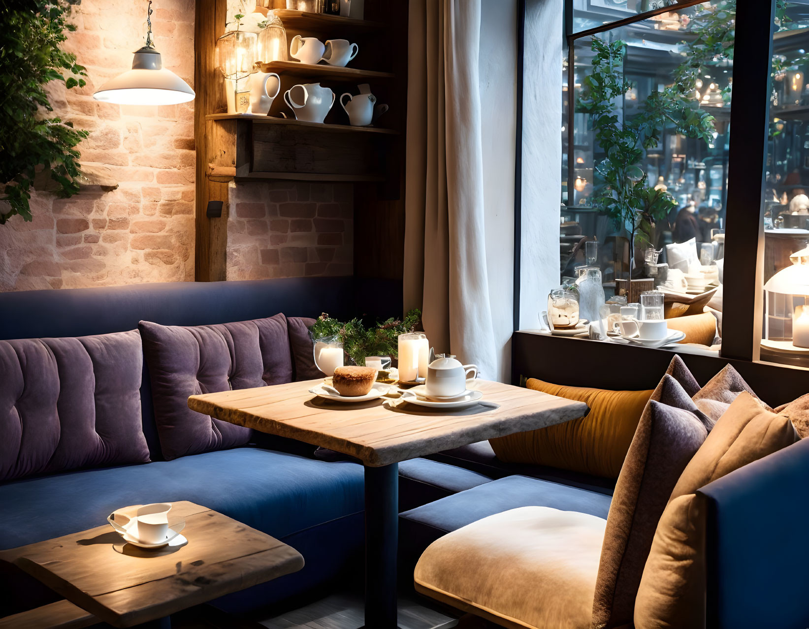Warmly lit café interior with wooden tables, purple sofa, coffee cups, and decorative shelving
