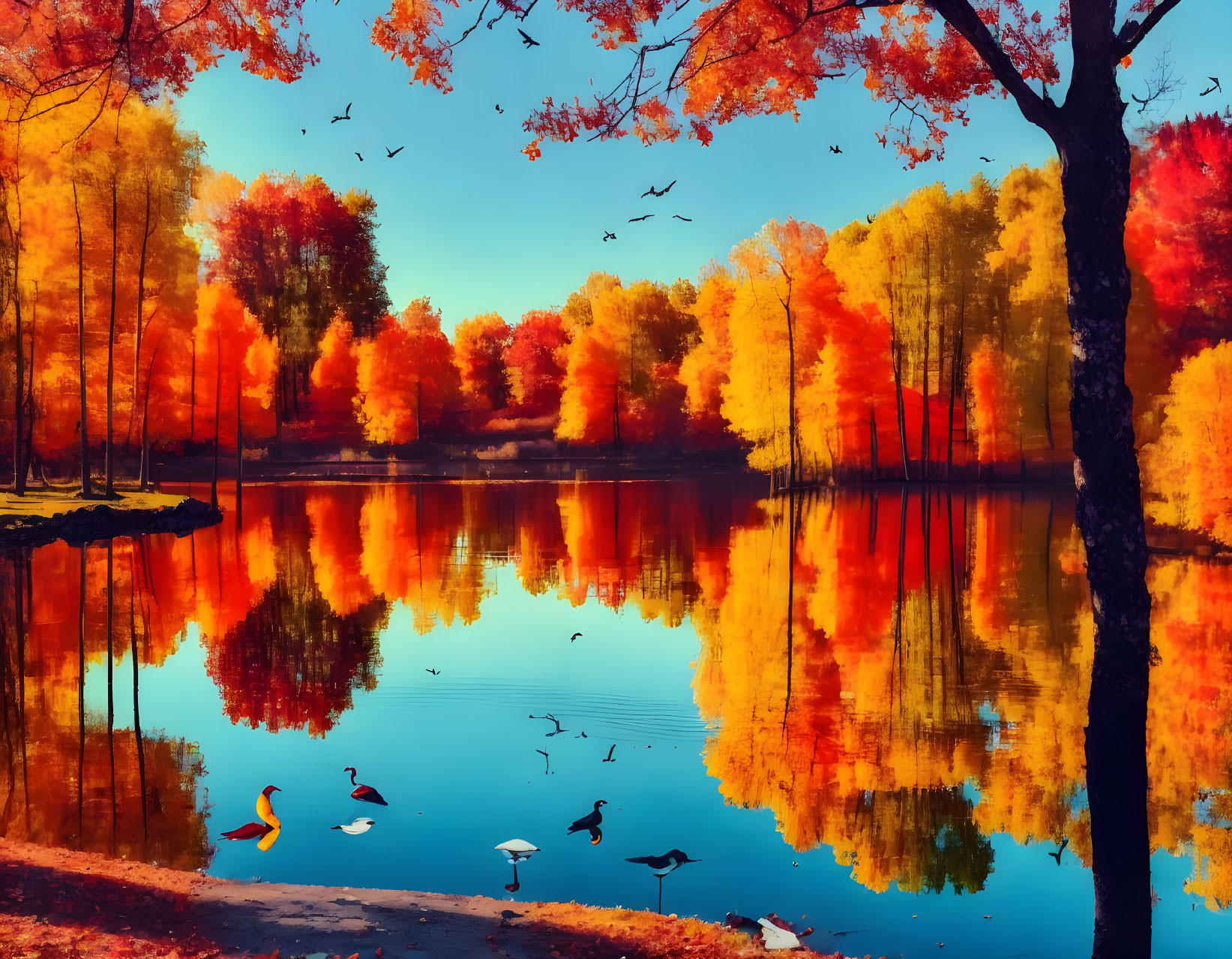 Tranquil lake with autumn trees, birds, and ducks in serene landscape