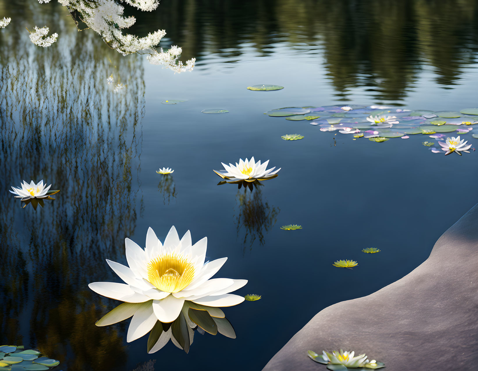 Tranquil pond with white water lilies, lily pads, and blossoms reflected