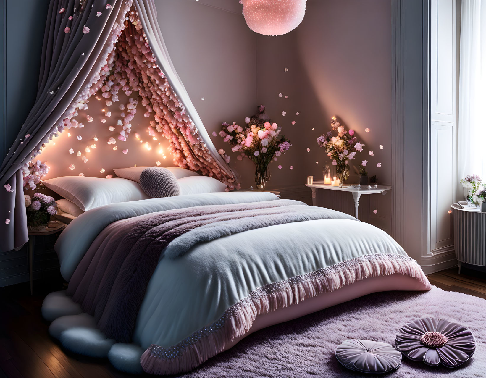 Romantic bedroom with canopy bed and pink floral decor