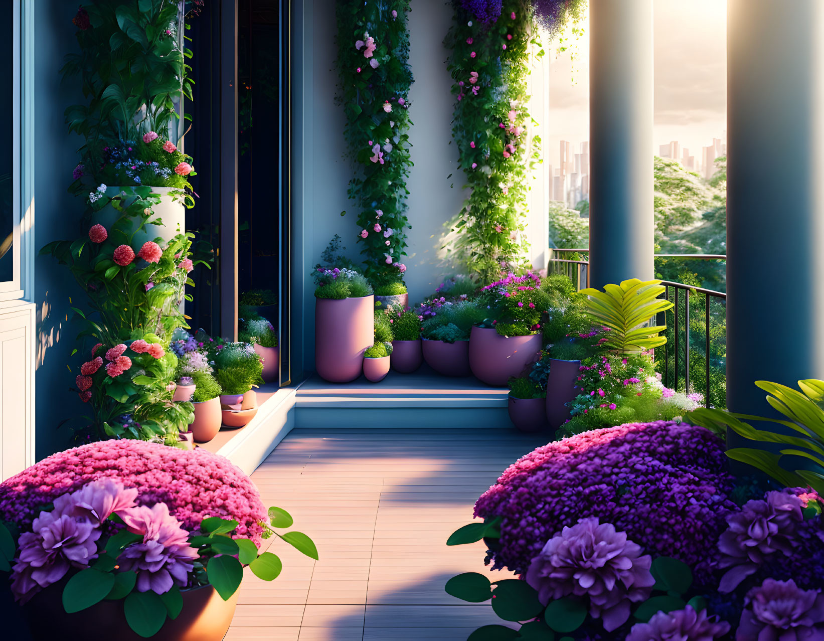 Serene balcony with lush greenery and vibrant flowers overlooking cityscape at twilight