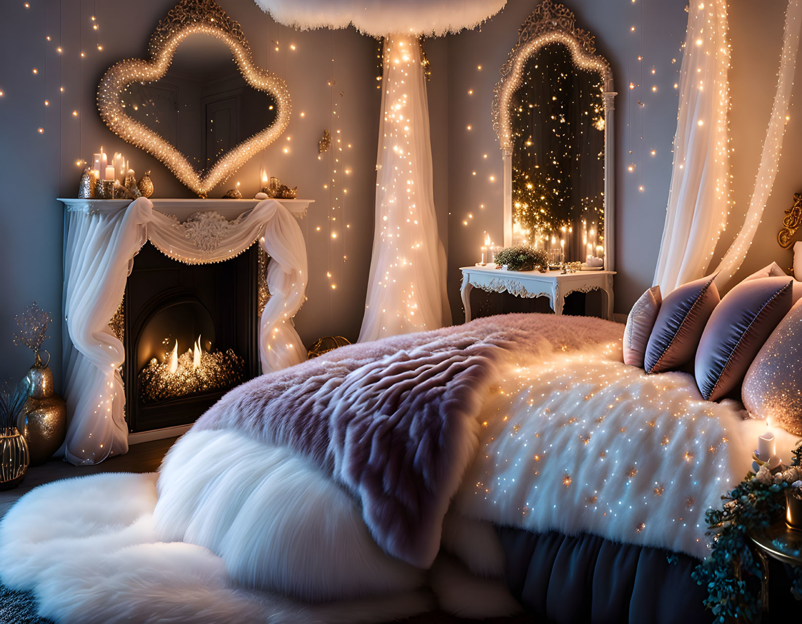 Festive lights, heart decor, faux fireplace in cozy bedroom