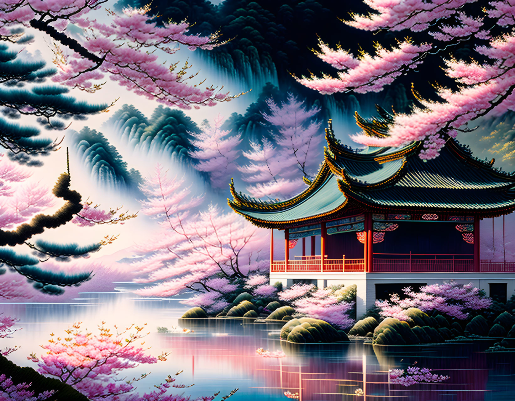 Traditional Asian Pagoda Surrounded by Cherry Blossoms and Lake