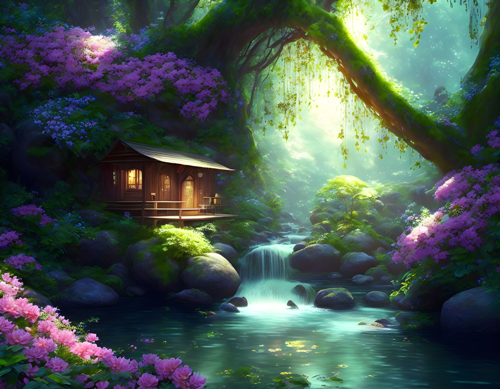 Traditional wooden house by a gentle waterfall in lush forest with purple flowers