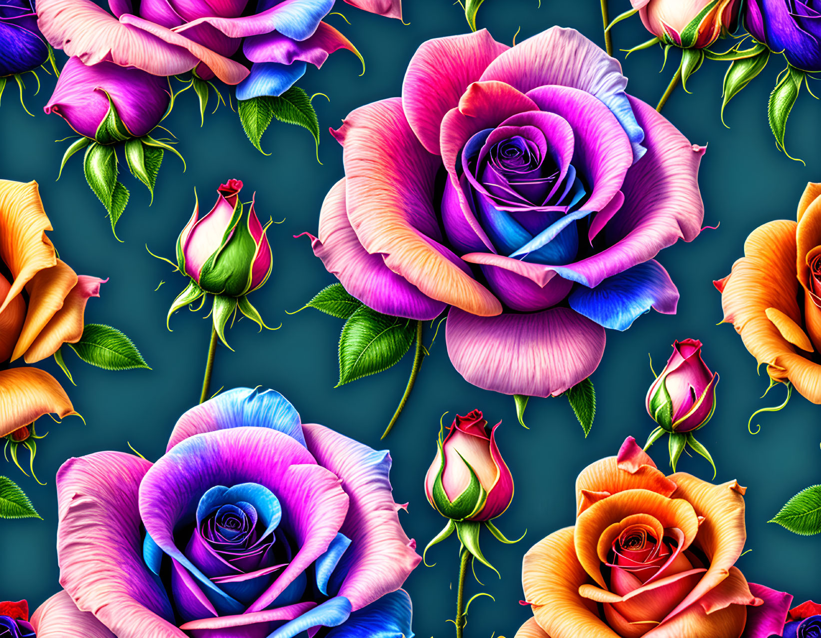 Colorful multi-colored rose pattern on dark background