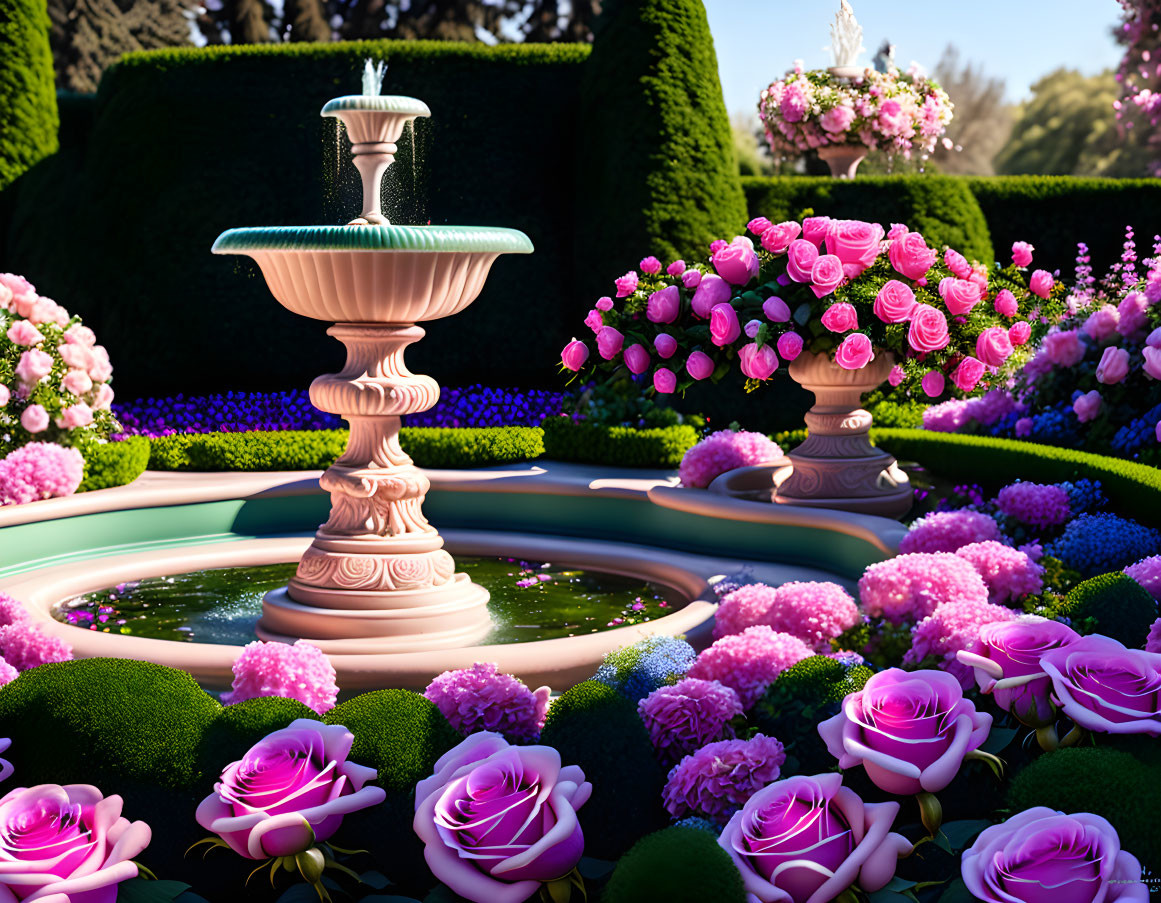 Ornate garden with central fountain and vibrant pink and purple roses