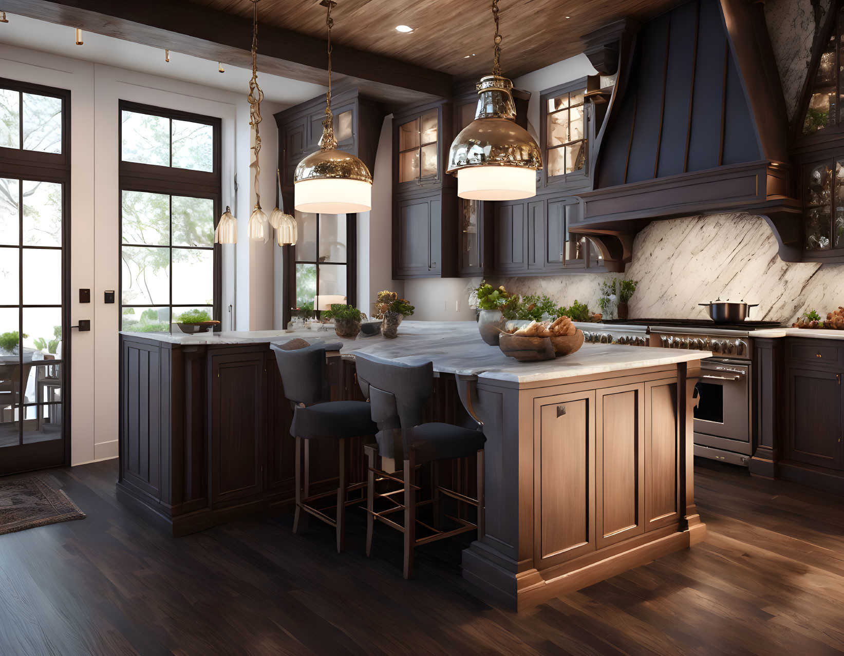 Modern Kitchen with Dark Wood Cabinets and Marble Countertops