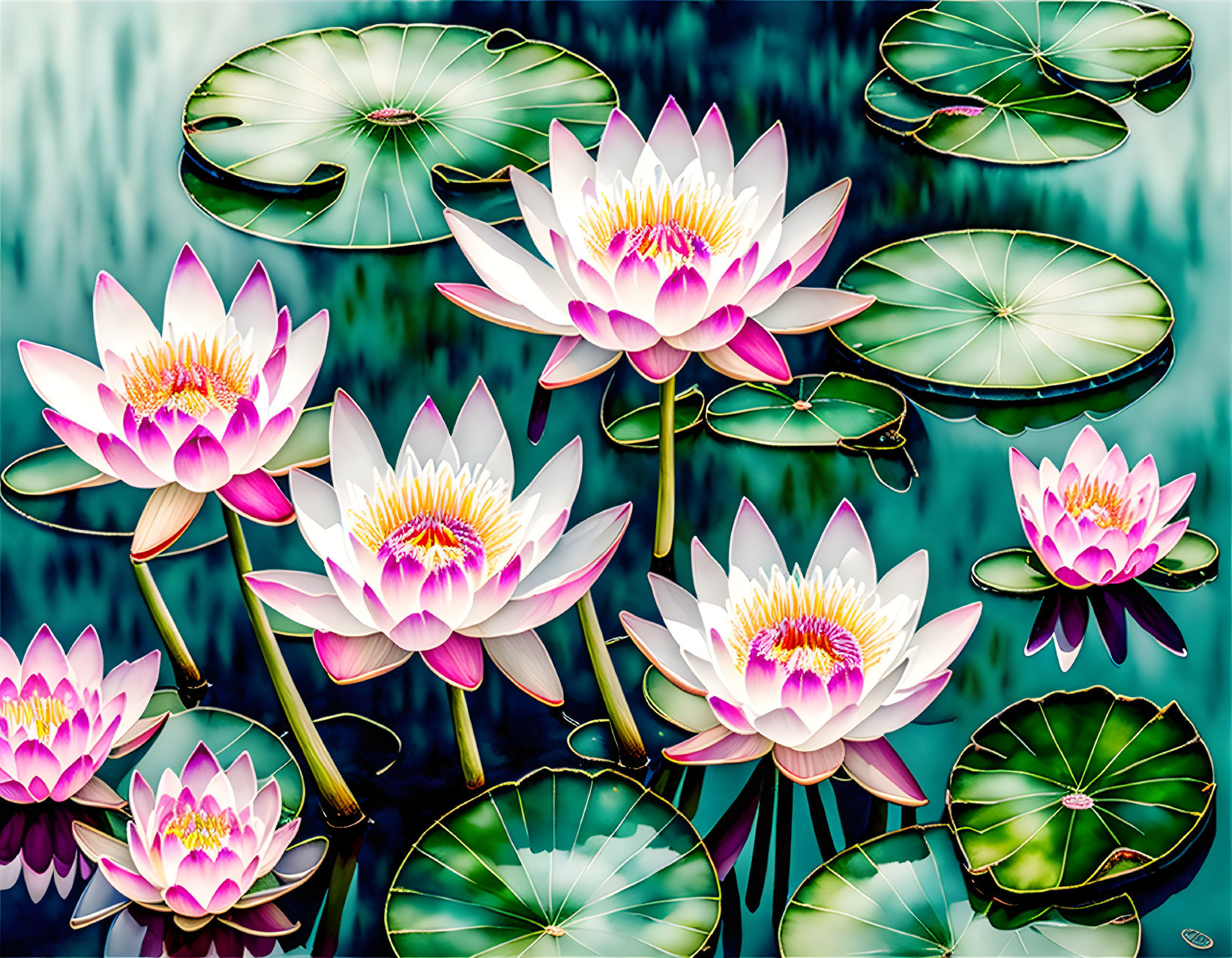 Pink and White Water Lilies on Blue Water Background