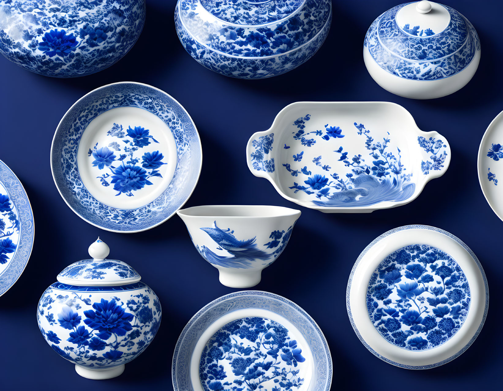 Elegant Blue and White Floral Dinnerware on Navy Blue Background