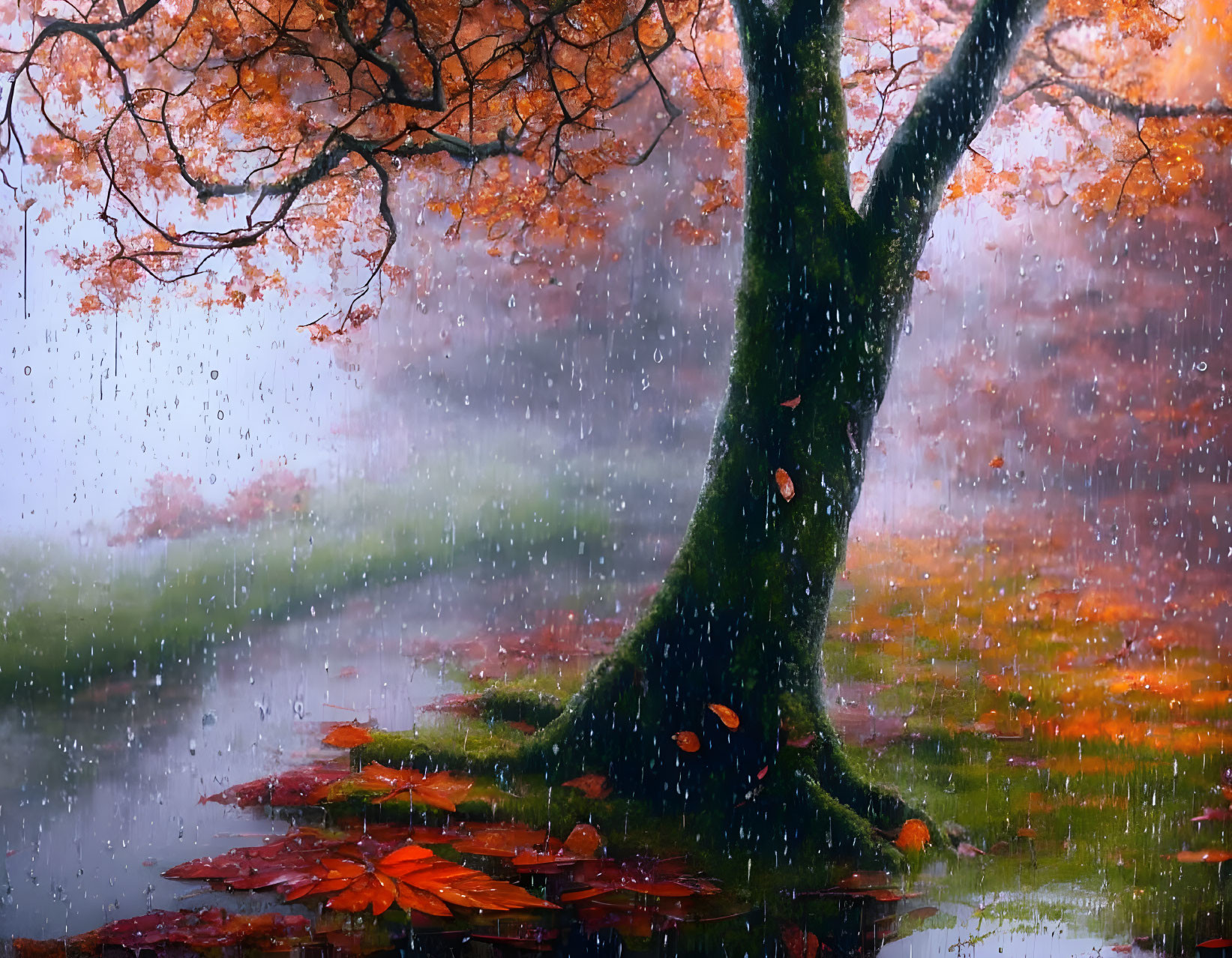 Vibrant autumn tree with fallen leaves in gentle rain by water