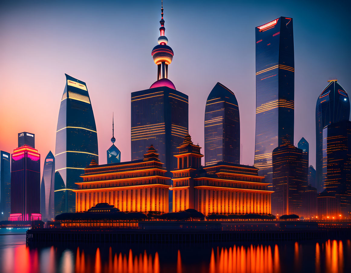 Shanghai skyline at dusk with illuminated skyscrapers and Oriental Pearl Tower against gradient sky.