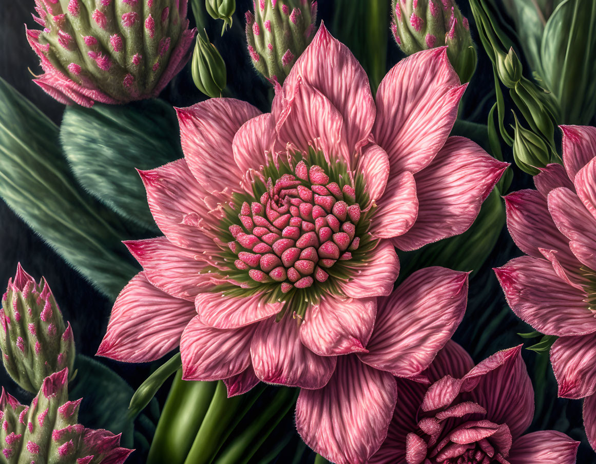 Detailed Pink Flower with Striped Petals and Green Foliage