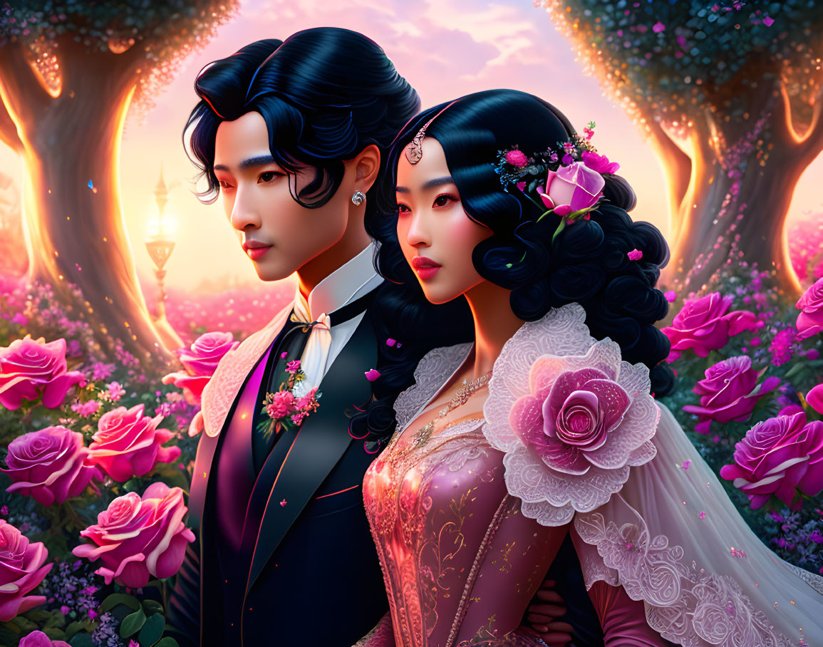 Illustrated couple in elegant attire in vibrant garden at dusk