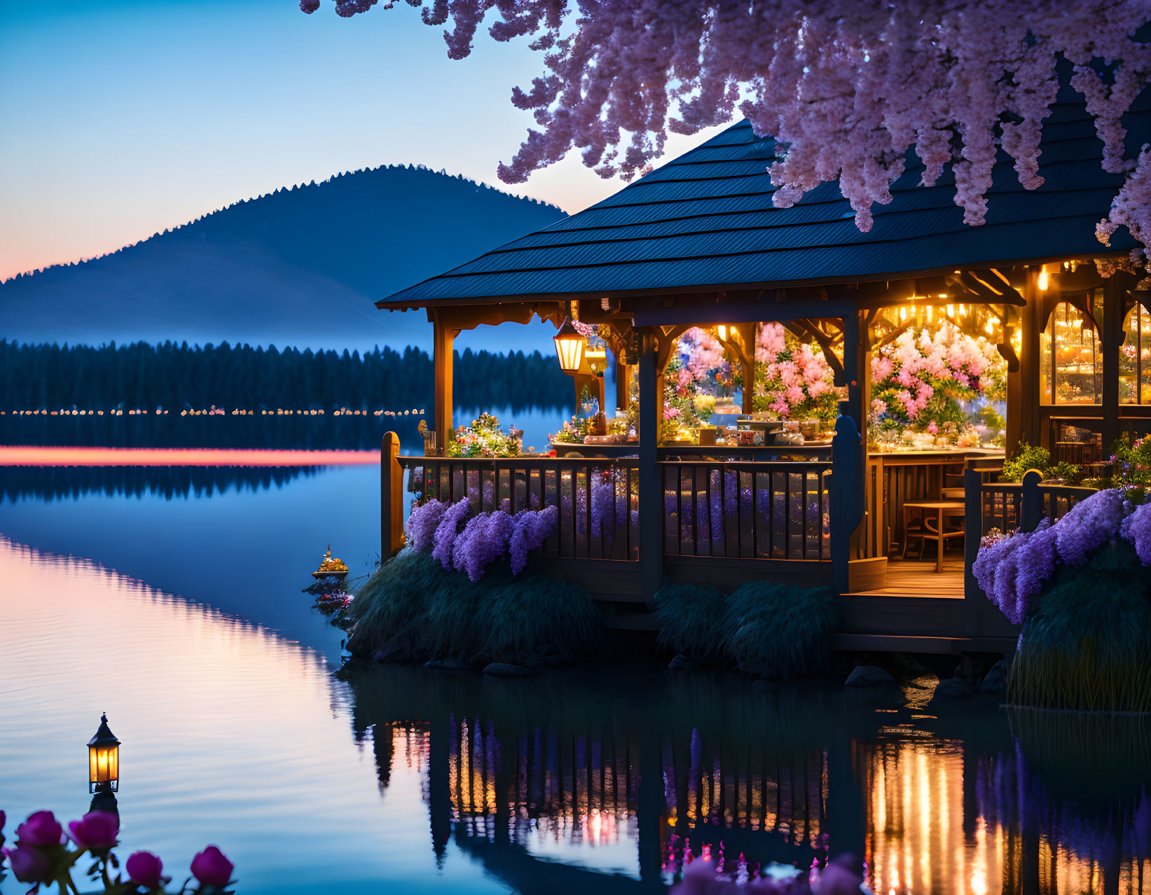 Scenic lakeside gazebo with lanterns, wisteria, and mountain reflection