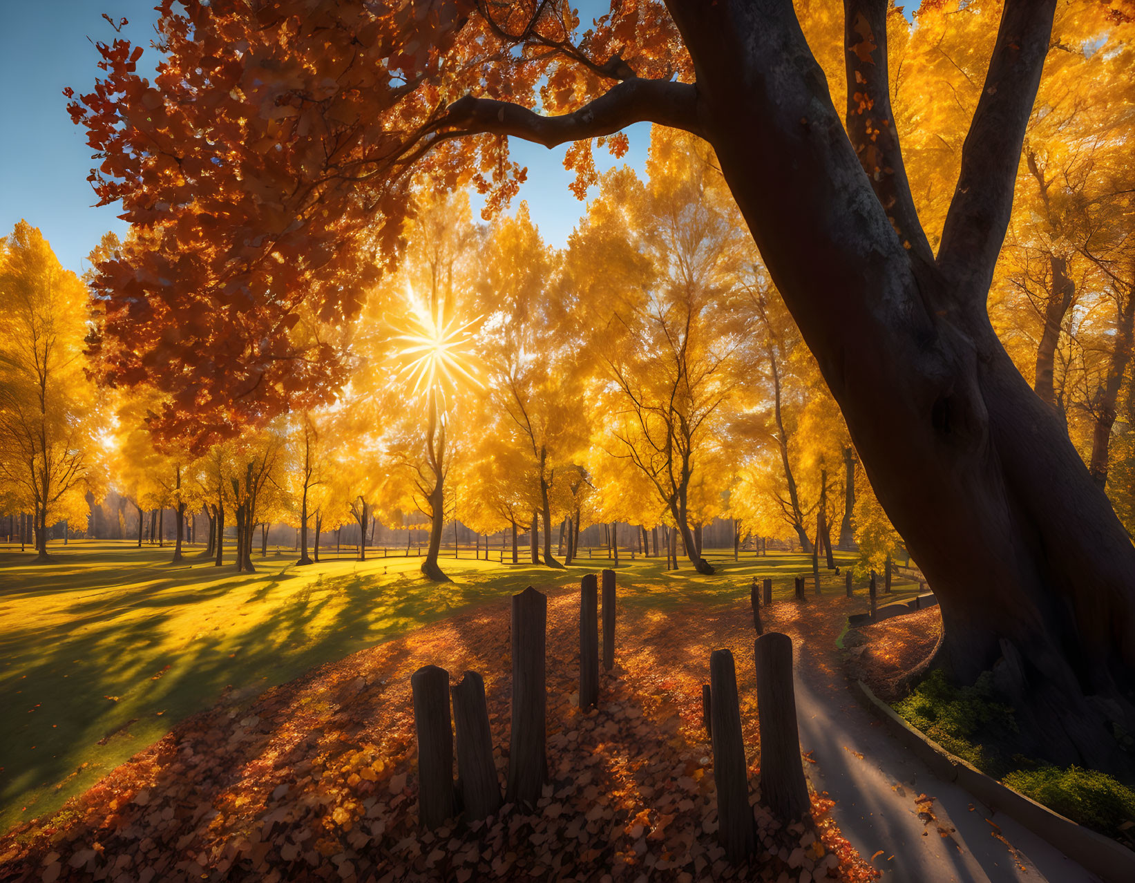 Autumn sunlight filters through golden trees along a fence-lined road