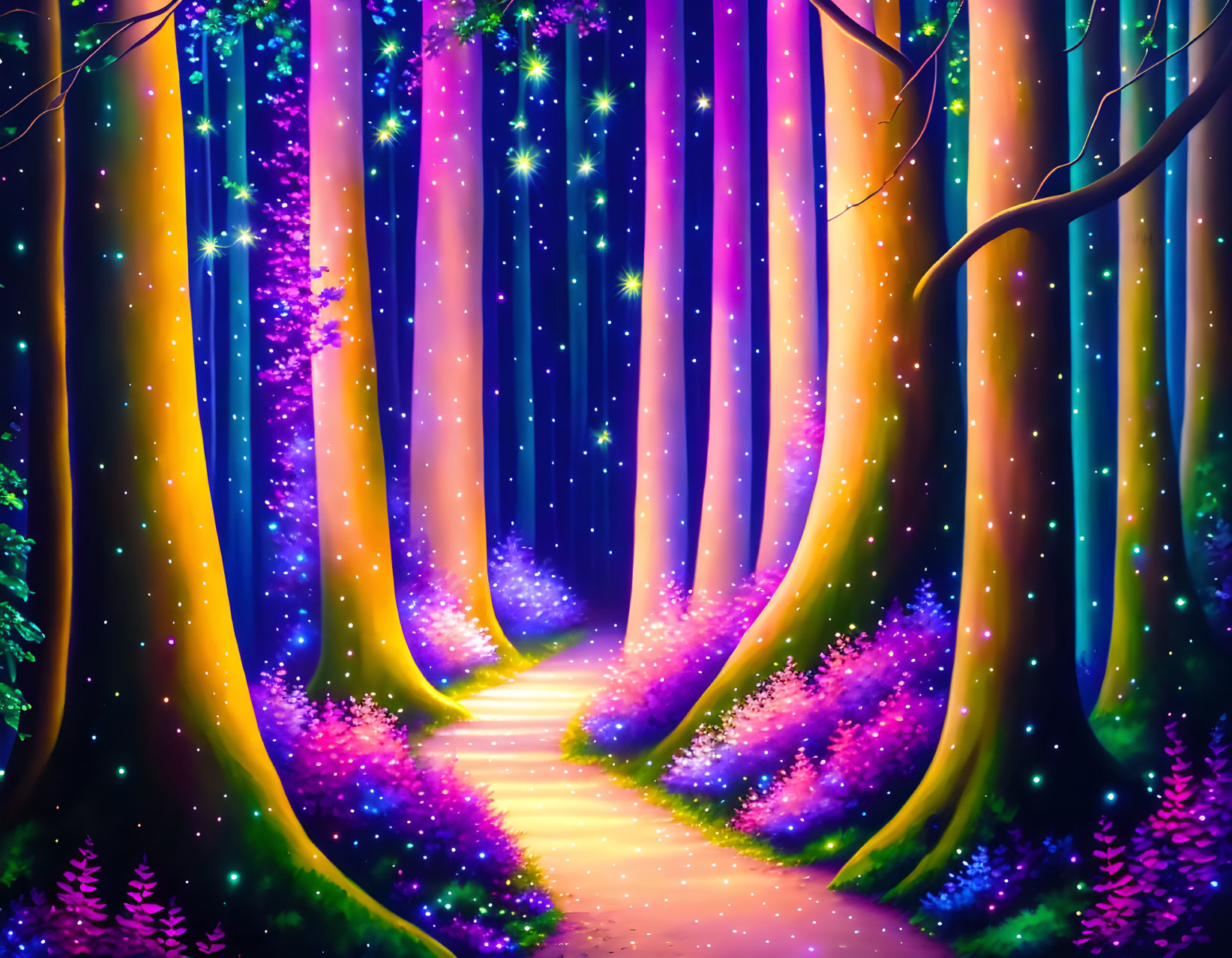 Enchanting forest path with multicolored glowing trees at night