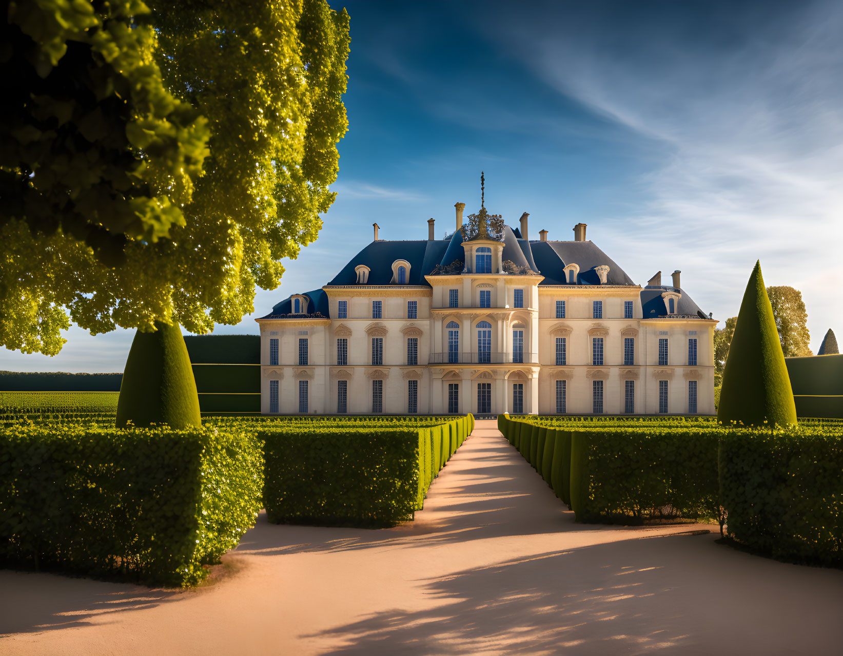 Classical architecture chateau in manicured gardens