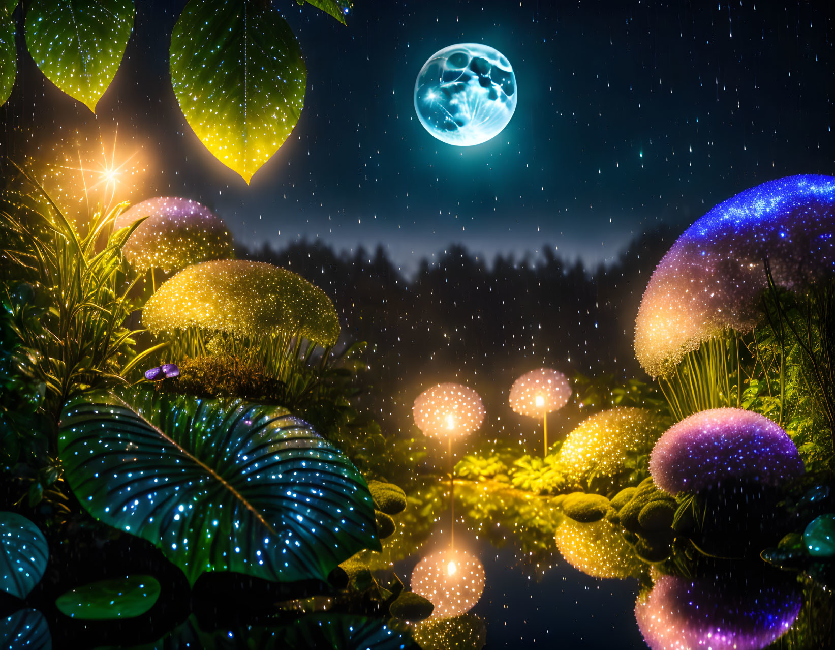 Enchanting night landscape with glowing mushrooms, leaves, and blue moon