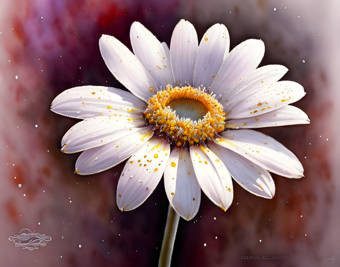 White Daisy with Golden Center on Red and Purple Background