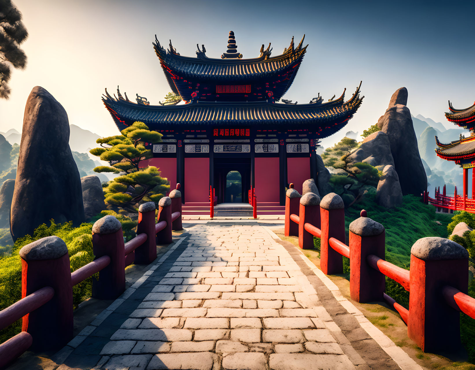 Red and Black Traditional Asian Temple in Serene Mountain Landscape