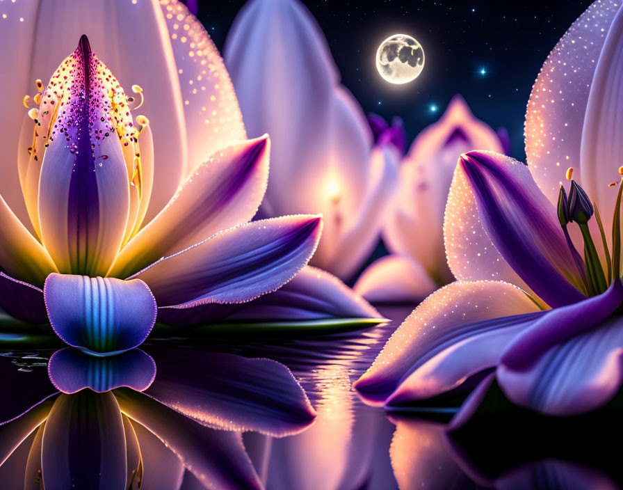 Vibrant lotus flowers on calm water under starry night sky