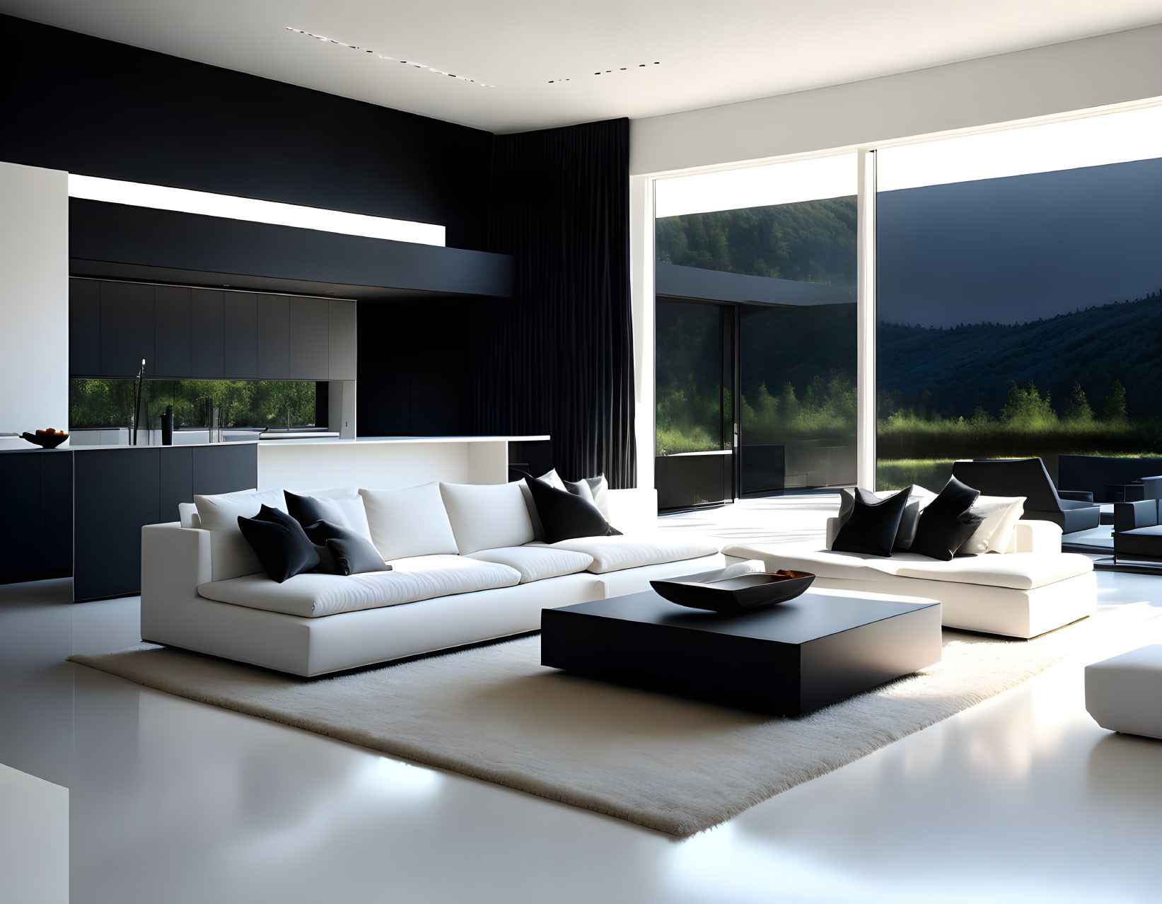 Spacious living room with mountain views, white sofas, black coffee table