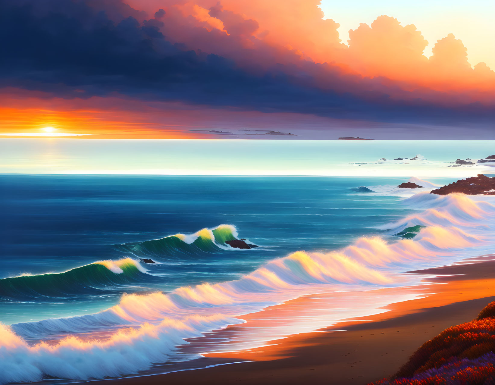 Colorful beach sunset with fiery clouds, sun on horizon, and crashing waves.