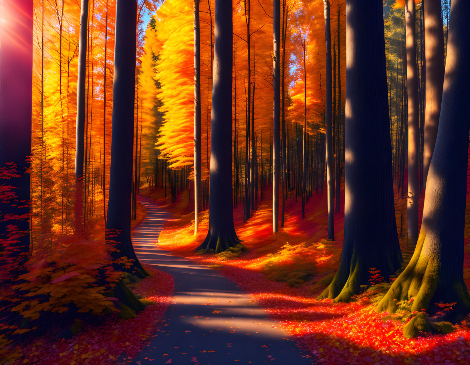 Scenic autumn forest path with vibrant foliage