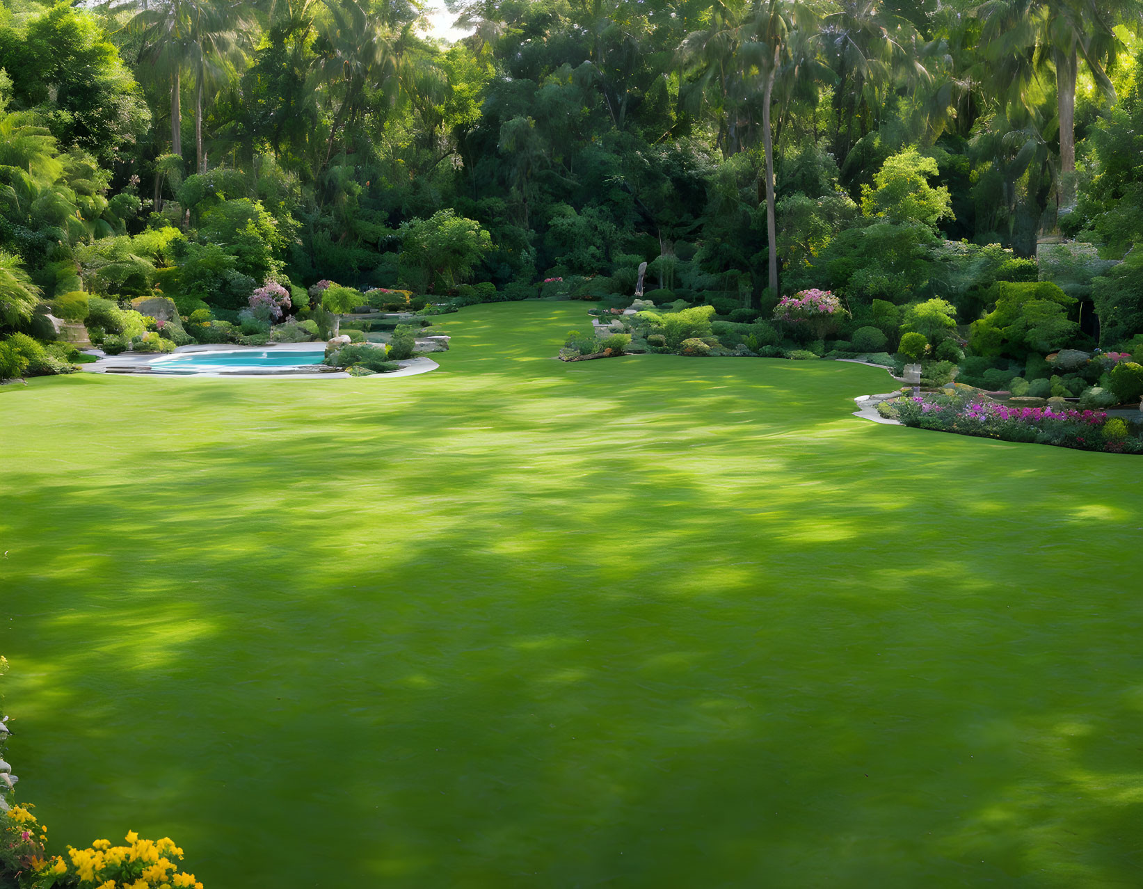 Manicured garden with lush greenery, pond, and trees