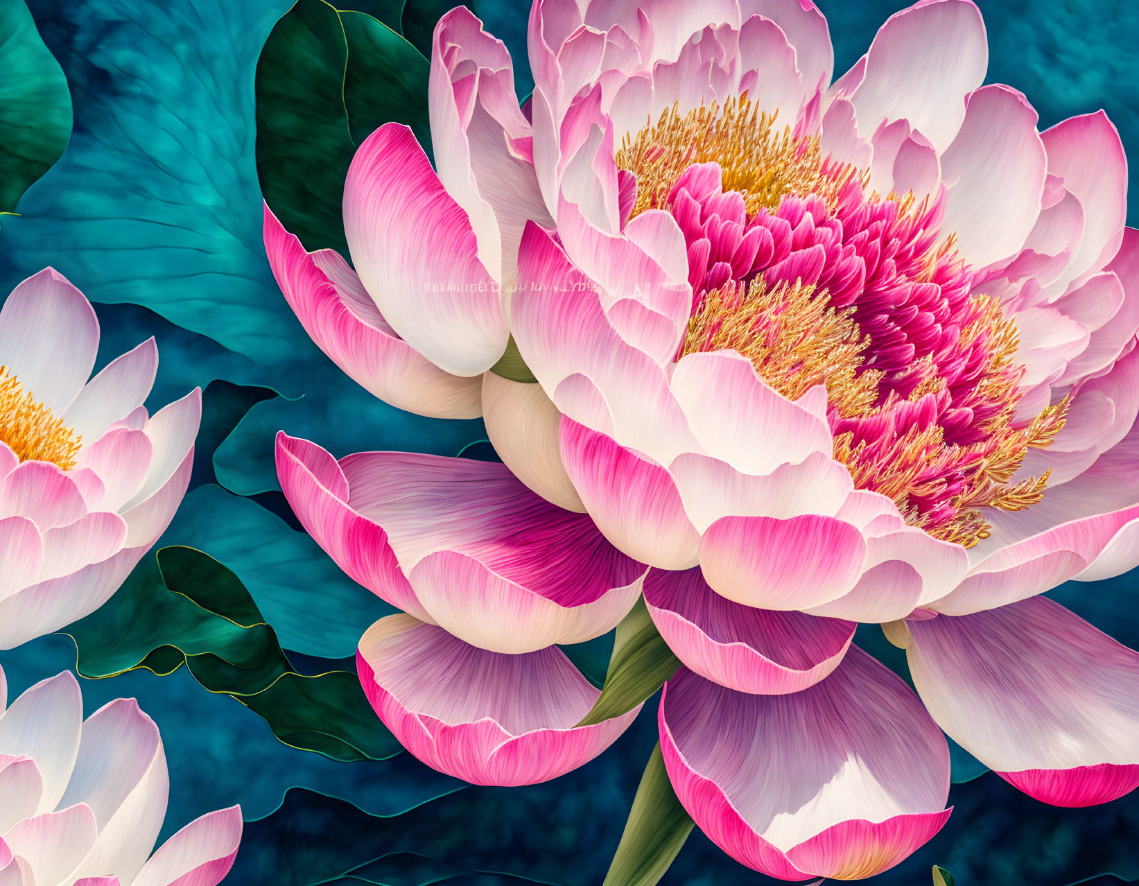 Colorful Pink and White Lotus Flowers on Blue Water