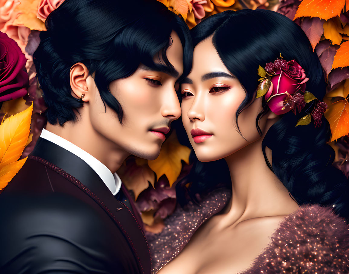 Man and woman face each other among autumn leaves with woman wearing floral hairpiece