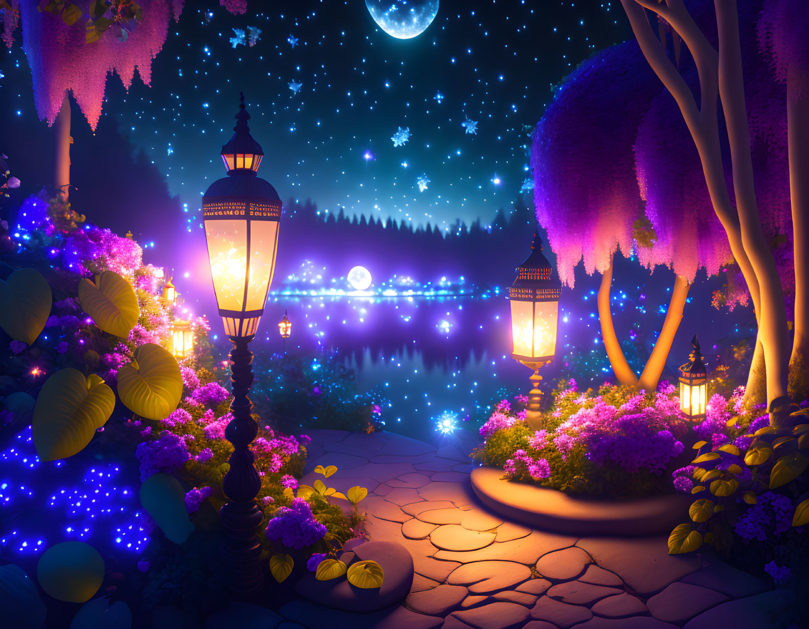 Enchanting Night Garden with Glowing Flowers and Serene Lake