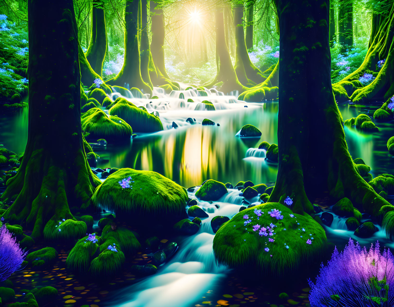 Vibrant Green Trees, Luminous Stream, Purple Flowers: Enchanted Forest Scene