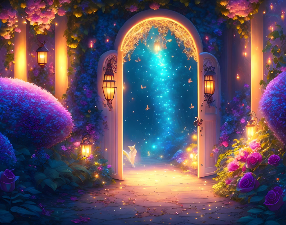 Enchanting garden pathway with open door under starry night sky