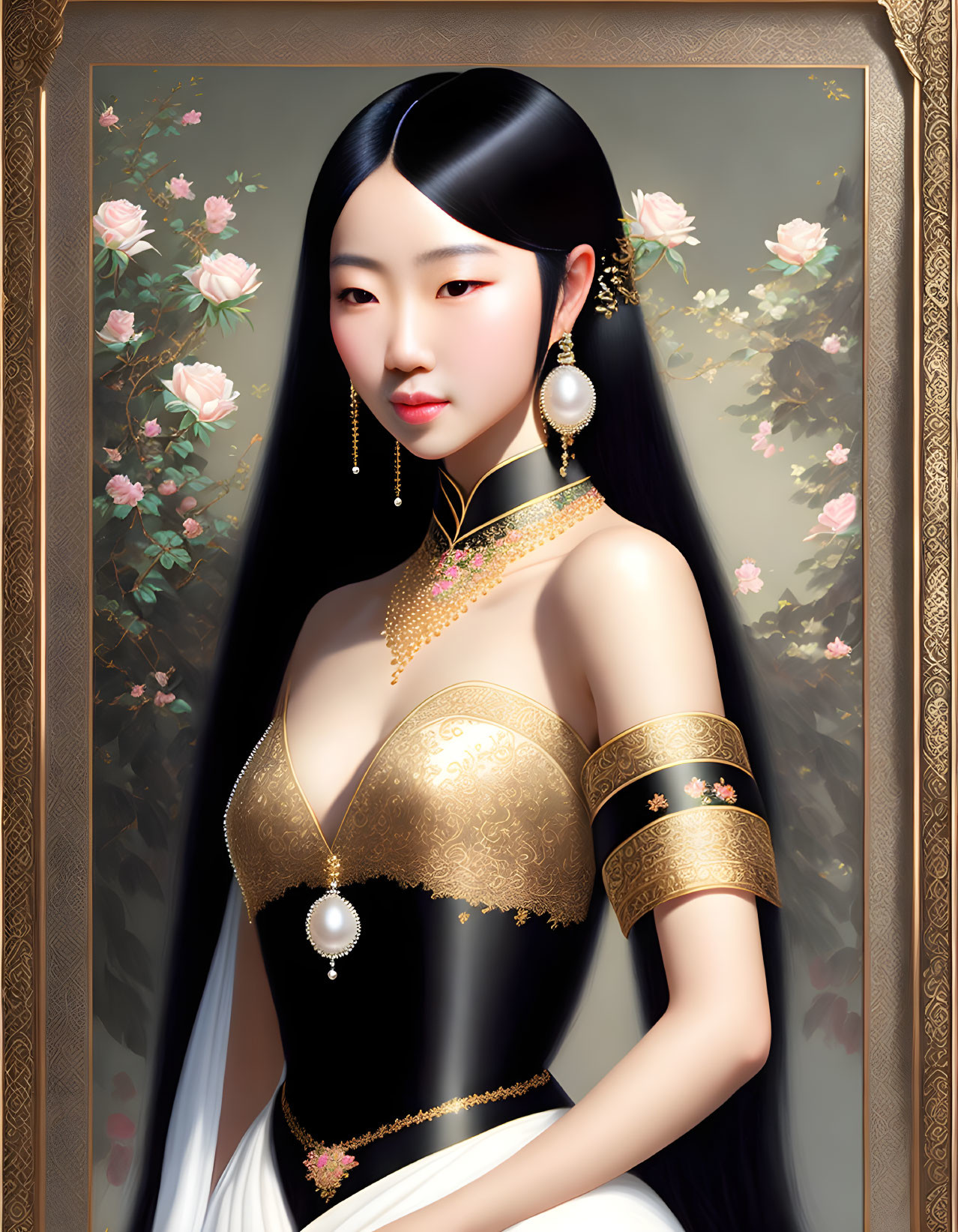 Digital portrait of woman with long black hair in black and gold outfit, jewelry, roses, and golden