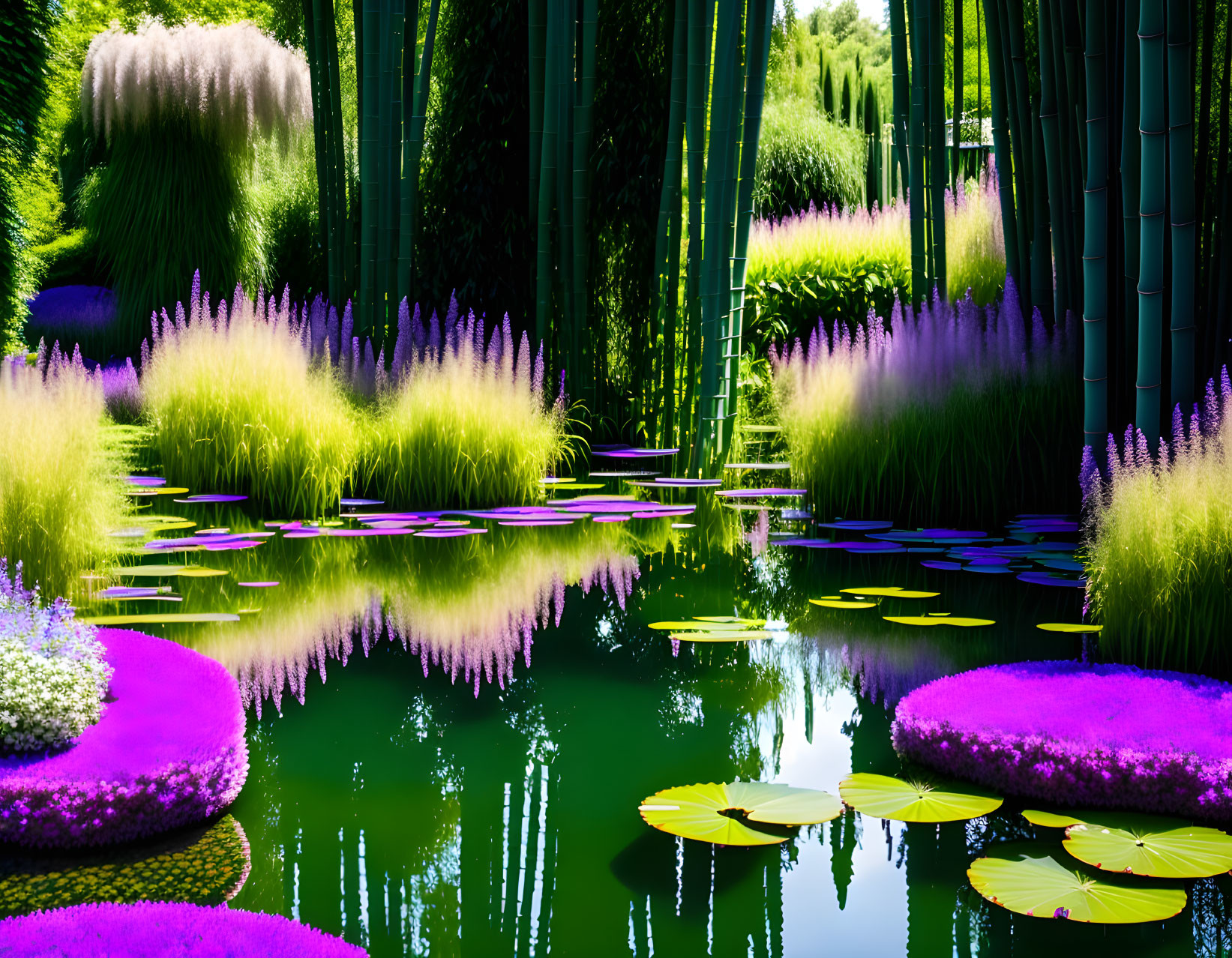 Serene garden pond with bamboo, purple foliage, and lily pads