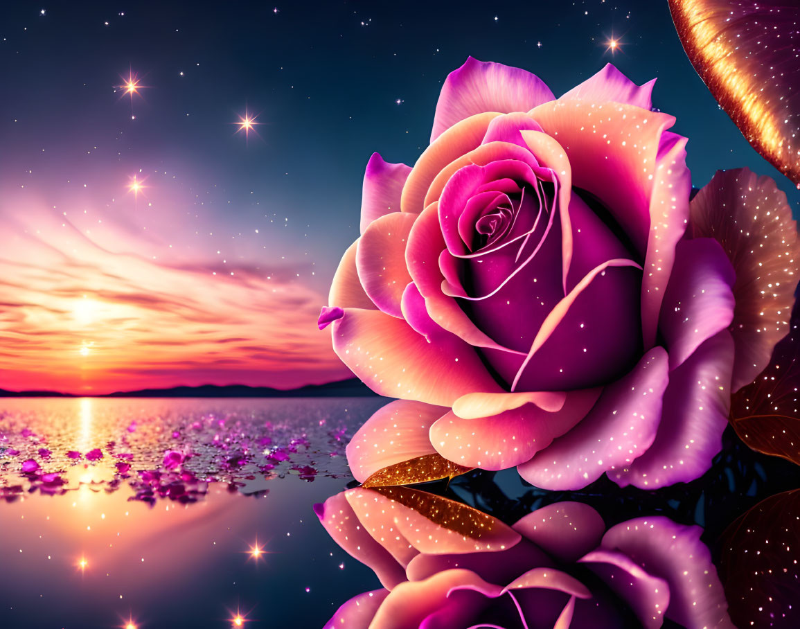 Vibrant pink rose against sunset lake backdrop