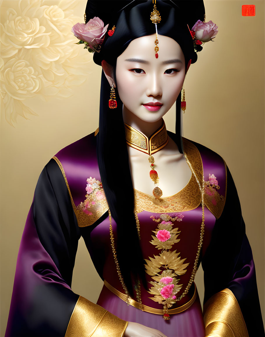 Traditional Asian Attire Portrait with Gold Jewelry and Flower Designs